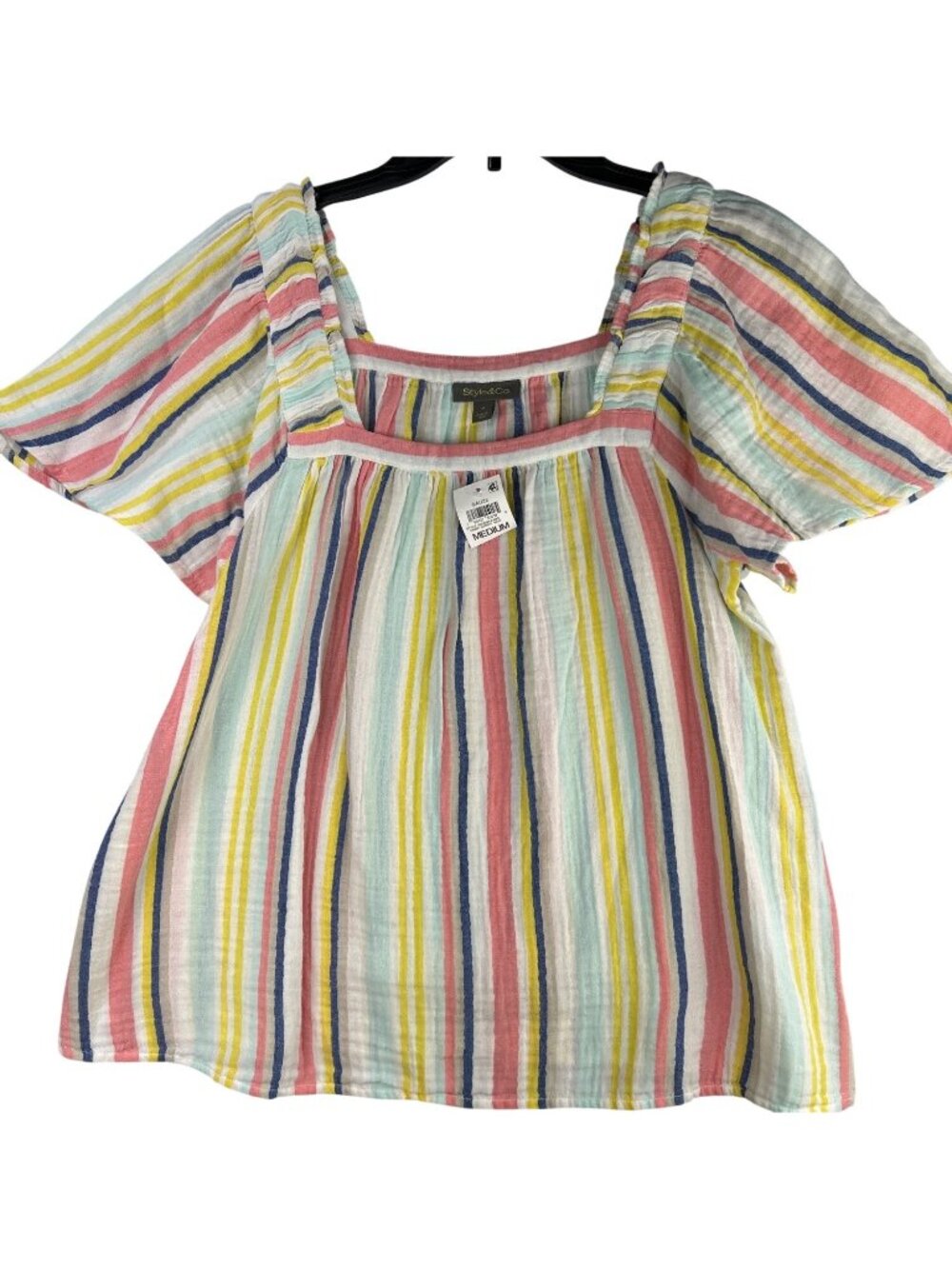 Style & Co  Size M Multicolor Striped Cotton Square-Neck Blouse With Short Sleev